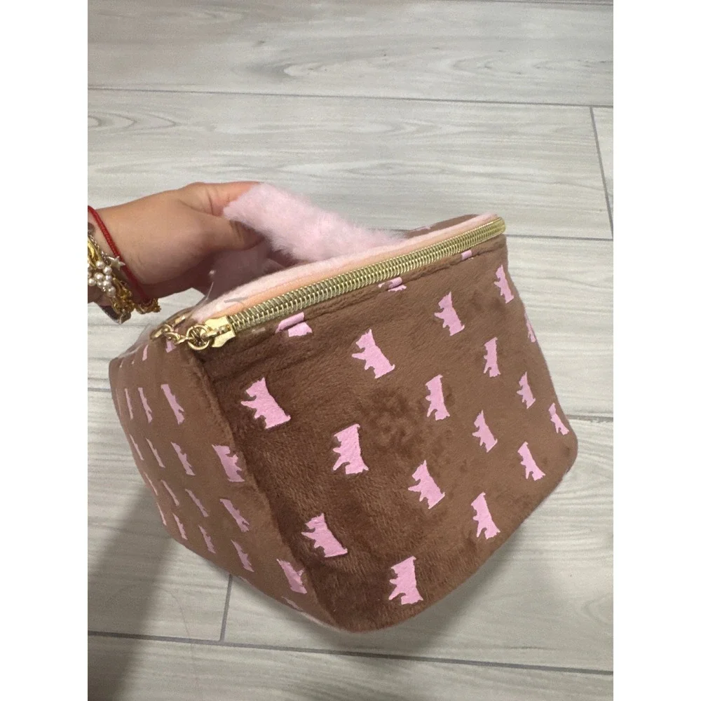 Juicy Couture Brown Pink Crown Velour Makeup Bag Faux Fur Handle NWT